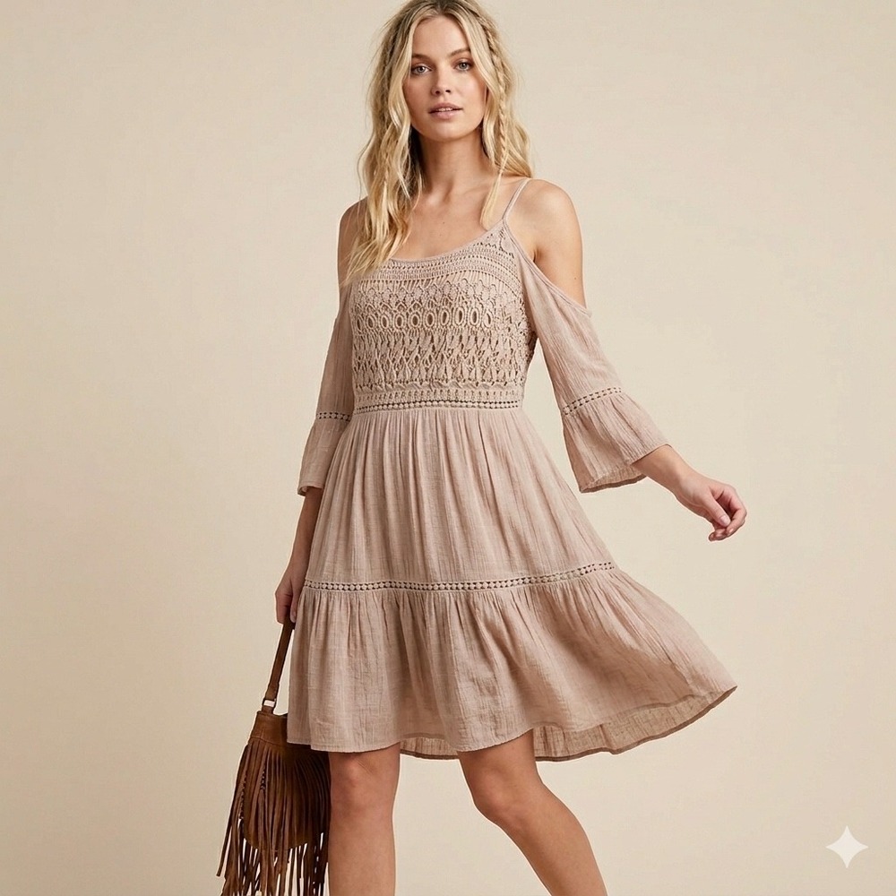 Boutique Dress M Lace Cold Shoulder Boho Cottagecore Romantic Crochet Summer